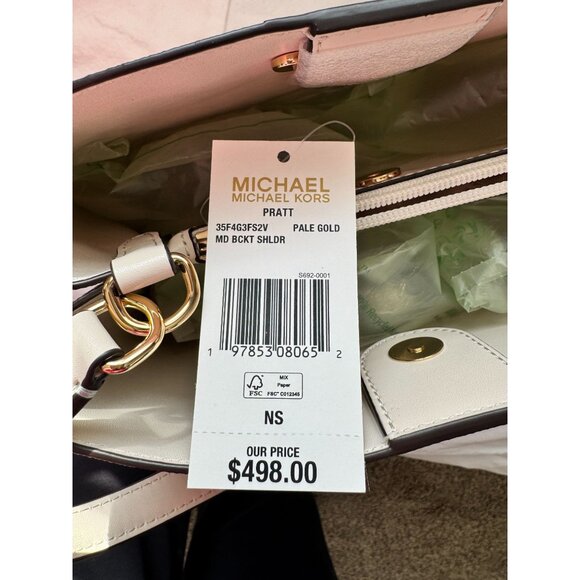 Michael Kors Pratt Medium Bucket Shoulder Bag Pale‎ Gold Leather Logo Stripe - Picture 4 of 7